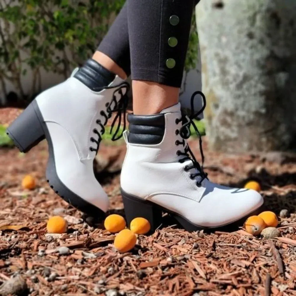 White Chunky Heel Ankle Booties Women’s Round Toe Shoes - Picture 8 of 9